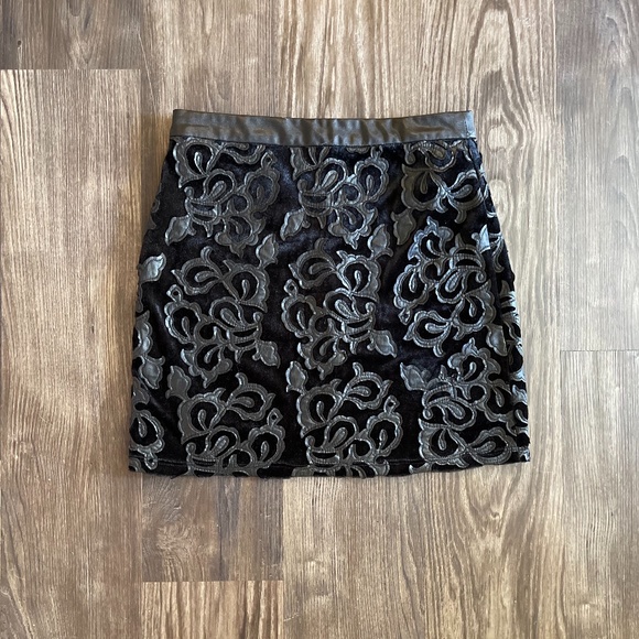 Embroidered Faux Leather & Silk Black Skirt - Picture 1 of 4